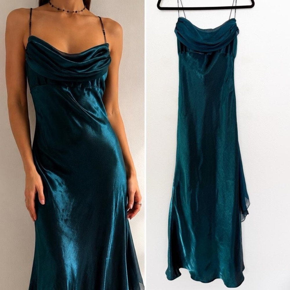 Y2K Dark Teal Satin Cowl Neck Midi Dress Beaded Strap Formal